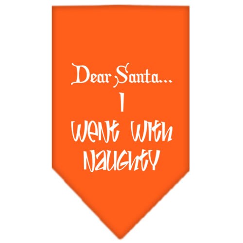 A festive Christmas dog bandana featuring the text 'Dear Santa... I Went With Naughty', designed for pets to wear during the holiday season.