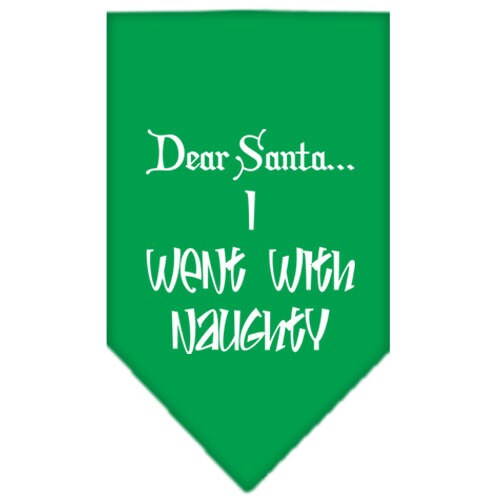 A festive Christmas dog bandana featuring the text 'Dear Santa... I Went With Naughty', designed for pets to wear during the holiday season.