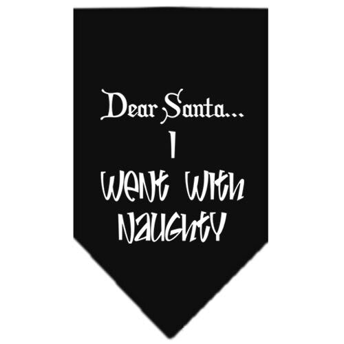 A festive Christmas dog bandana featuring the text 'Dear Santa... I Went With Naughty', designed for pets to wear during the holiday season.