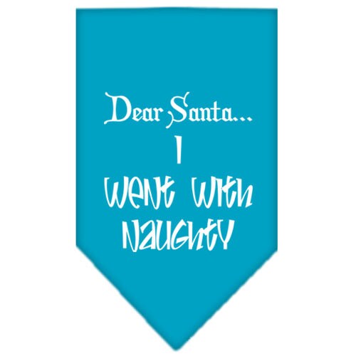 A festive Christmas dog bandana featuring the text 'Dear Santa... I Went With Naughty', designed for pets to wear during the holiday season.