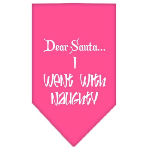 A festive Christmas dog bandana featuring the text 'Dear Santa... I Went With Naughty', designed for pets to wear during the holiday season.