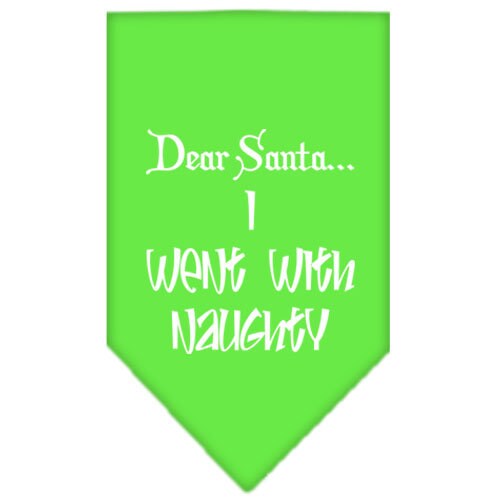 A festive Christmas dog bandana featuring the text 'Dear Santa... I Went With Naughty', designed for pets to wear during the holiday season.