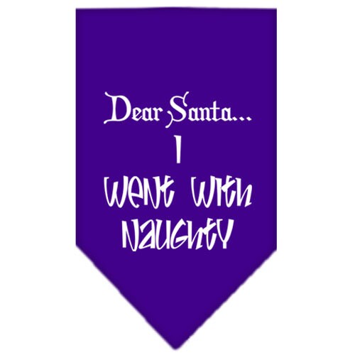 A festive Christmas dog bandana featuring the text 'Dear Santa... I Went With Naughty', designed for pets to wear during the holiday season.