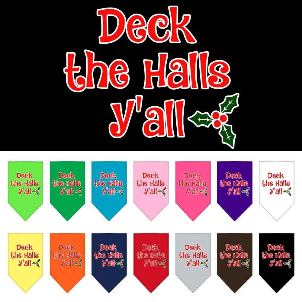 Christmas Pet and Dog Bandana with 'Deck The Halls Y'all' design, available in small and large sizes, perfect for festive occasions.