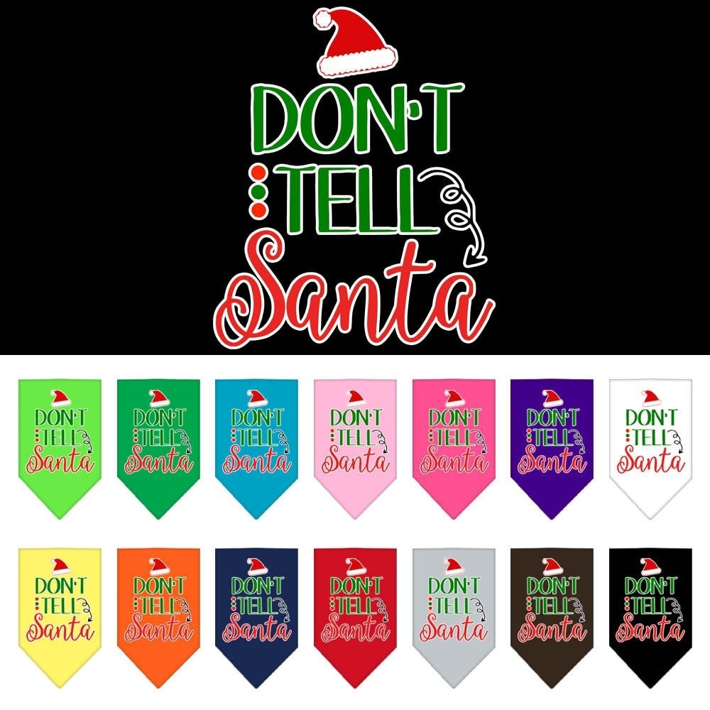 Christmas pet bandana with 'Don't Tell Santa' print, designed for dogs, available in small and large sizes, tie-on style.