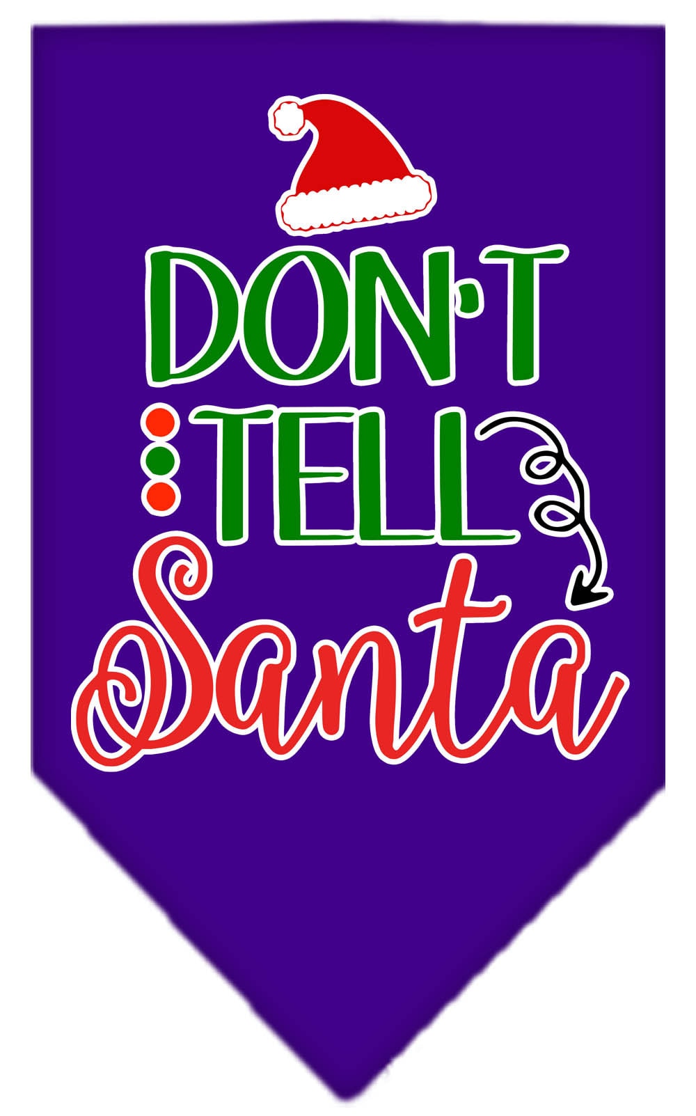 Christmas pet bandana with 'Don't Tell Santa' print, designed for dogs, available in small and large sizes, tie-on style.