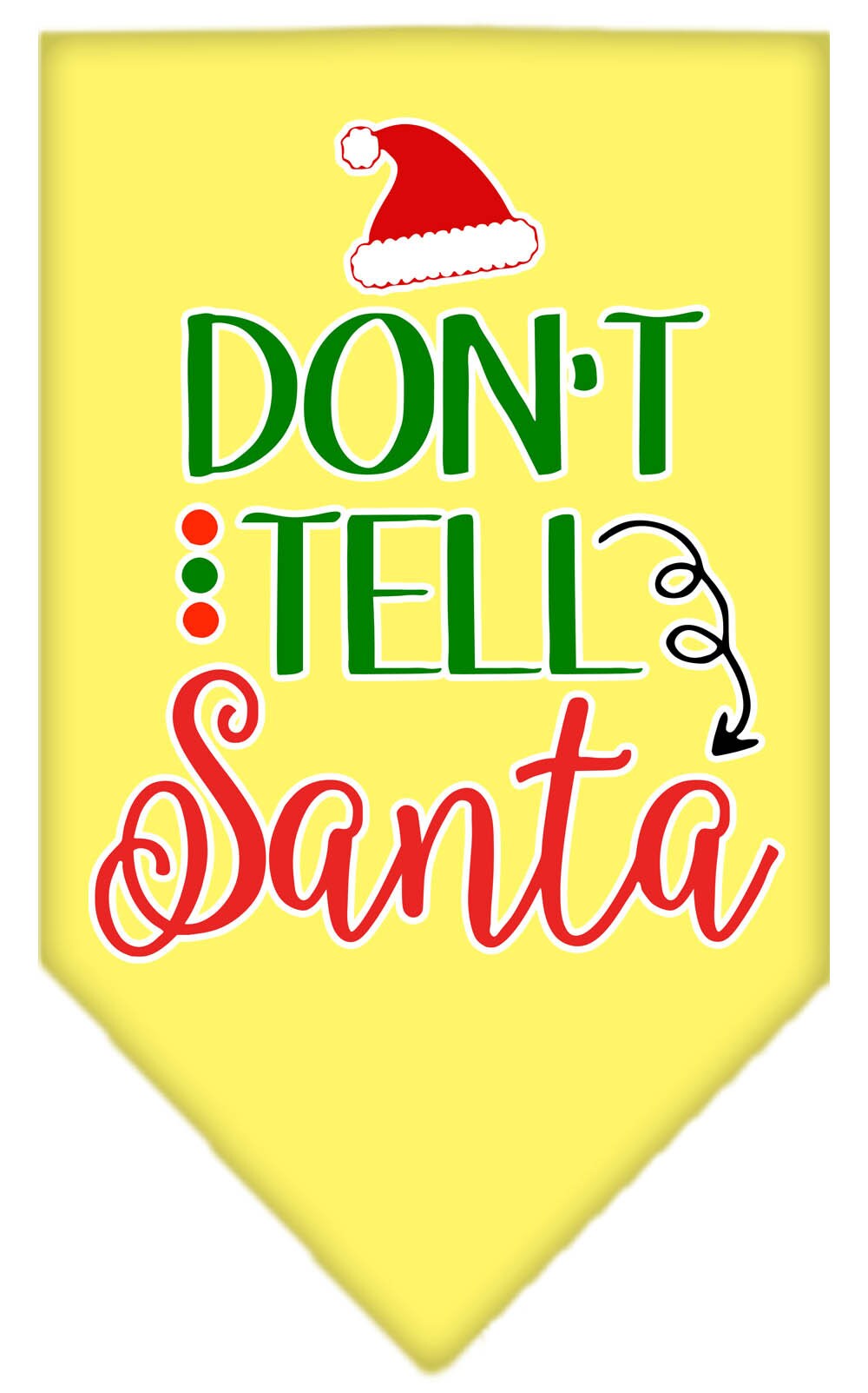 Christmas pet bandana with 'Don't Tell Santa' print, designed for dogs, available in small and large sizes, tie-on style.