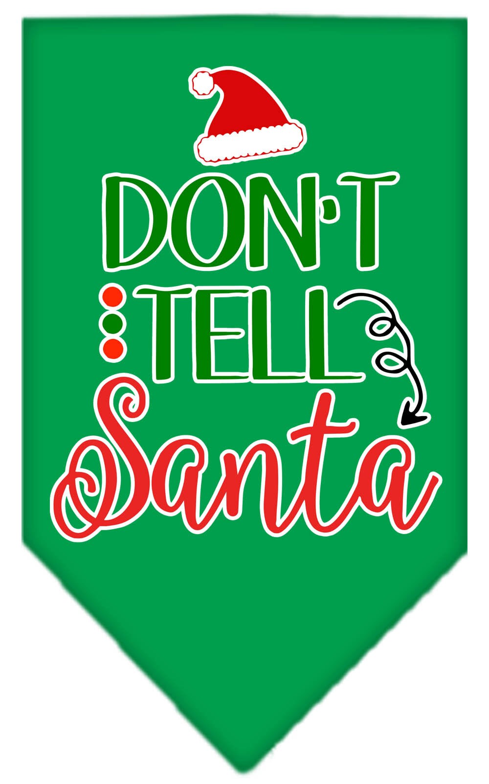 Christmas pet bandana with 'Don't Tell Santa' print, designed for dogs, available in small and large sizes, tie-on style.