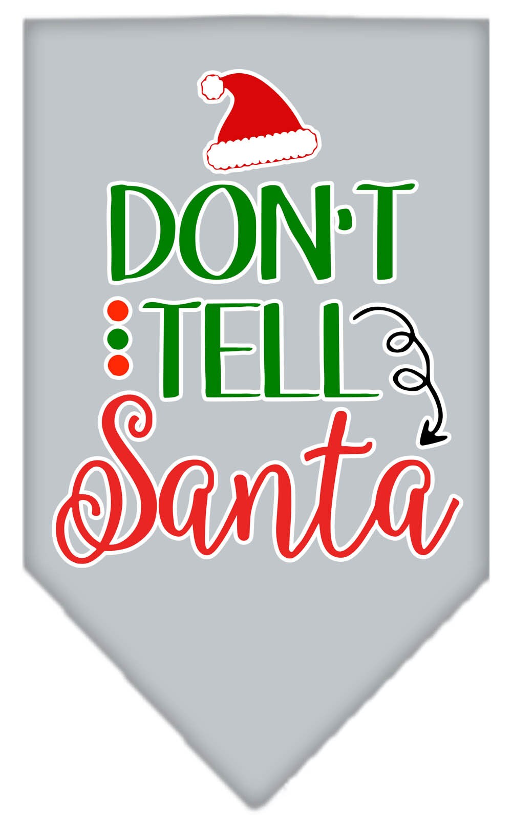 Christmas pet bandana with 'Don't Tell Santa' print, designed for dogs, available in small and large sizes, tie-on style.
