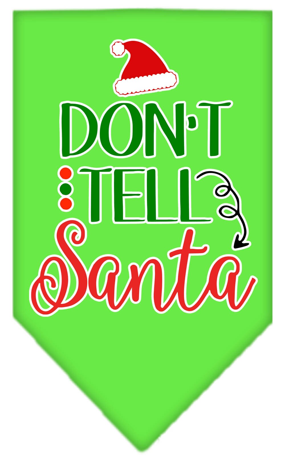 Christmas pet bandana with 'Don't Tell Santa' print, designed for dogs, available in small and large sizes, tie-on style.