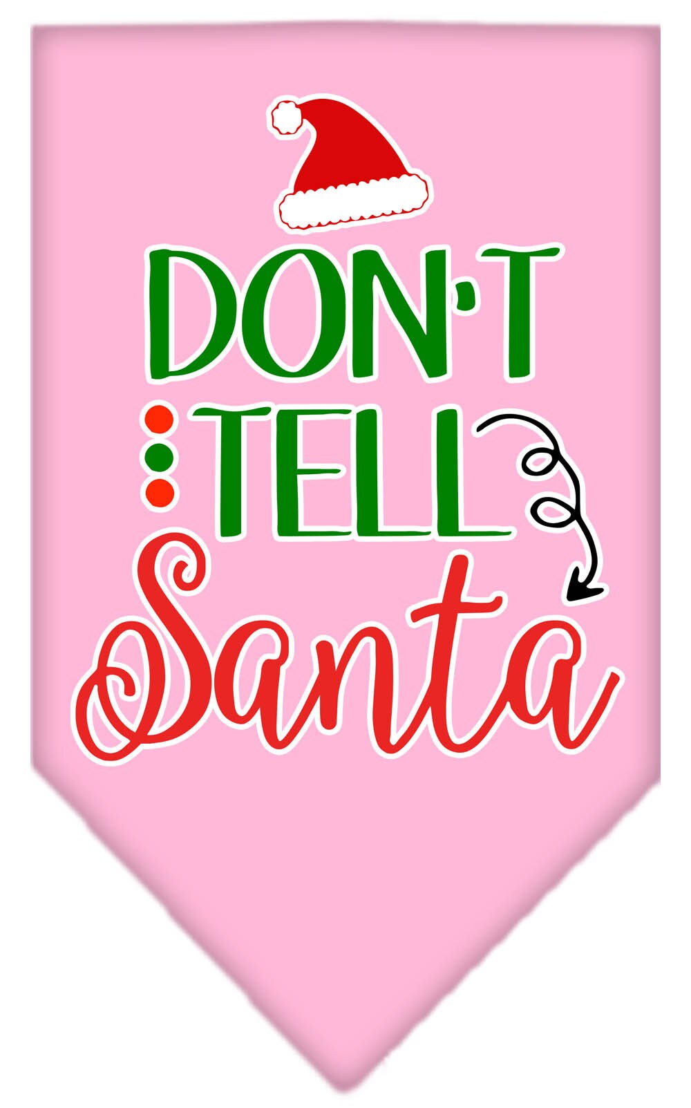 Christmas pet bandana with 'Don't Tell Santa' print, designed for dogs, available in small and large sizes, tie-on style.
