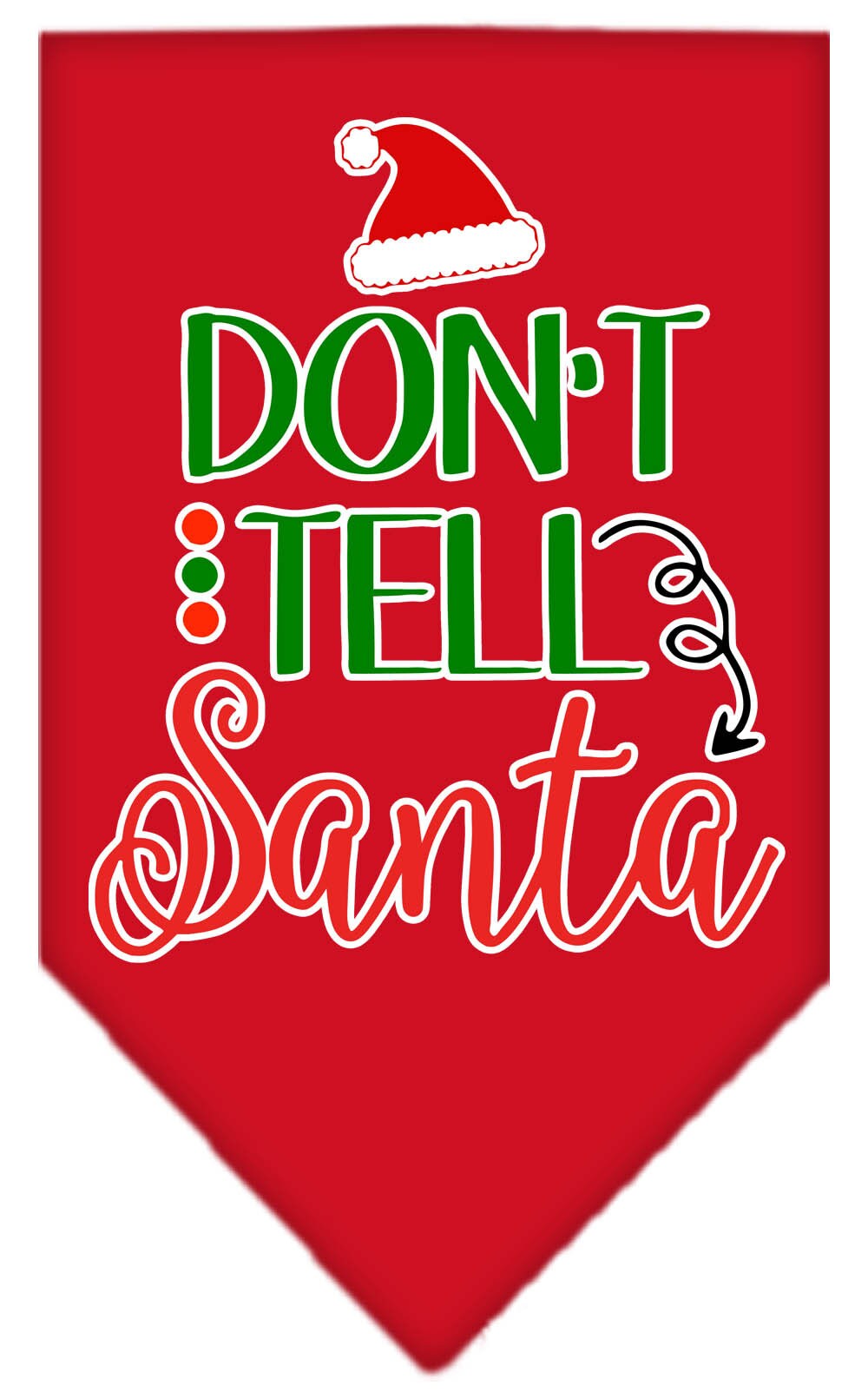 Christmas pet bandana with 'Don't Tell Santa' print, designed for dogs, available in small and large sizes, tie-on style.