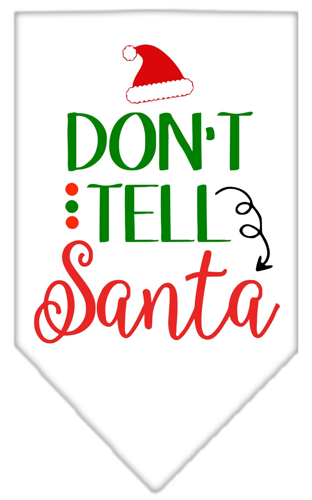 Christmas pet bandana with 'Don't Tell Santa' print, designed for dogs, available in small and large sizes, tie-on style.