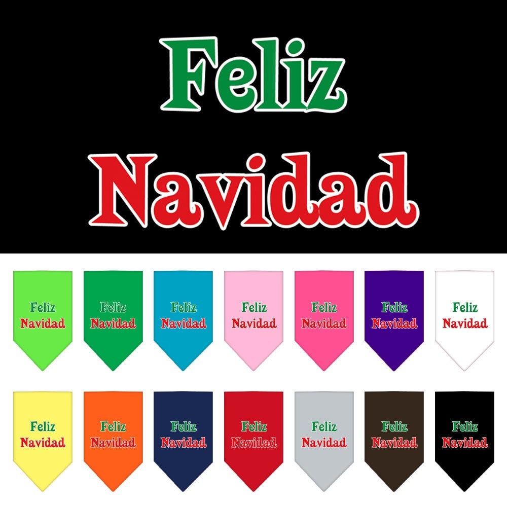 Christmas dog bandana with 'Feliz Navidad' screen printed design, available in small and large sizes, perfect for festive occasions.
