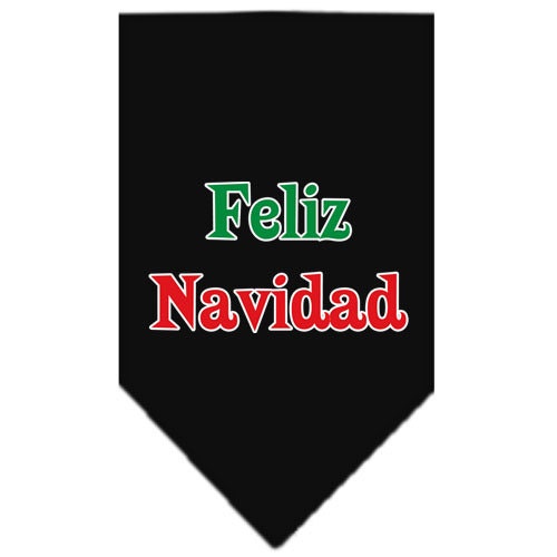 Christmas dog bandana with 'Feliz Navidad' screen printed design, available in small and large sizes, perfect for festive occasions.