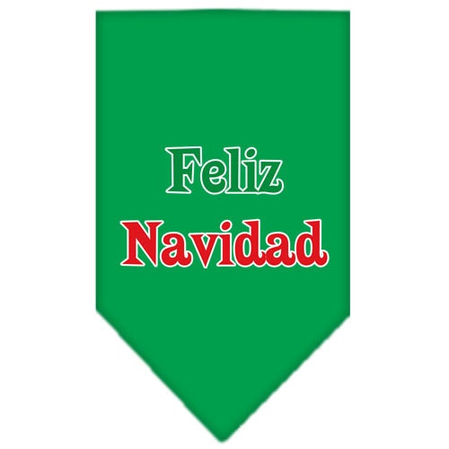 Christmas dog bandana with 'Feliz Navidad' screen printed design, available in small and large sizes, perfect for festive occasions.