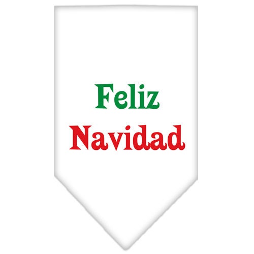 Christmas dog bandana with 'Feliz Navidad' screen printed design, available in small and large sizes, perfect for festive occasions.