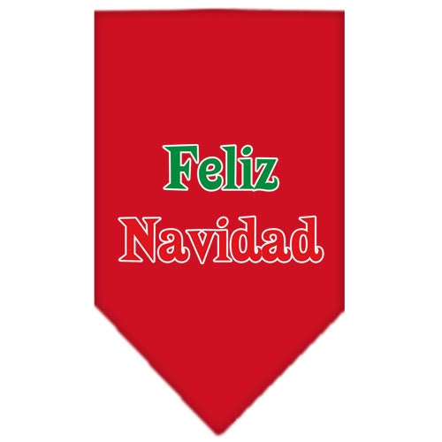 Christmas dog bandana with 'Feliz Navidad' screen printed design, available in small and large sizes, perfect for festive occasions.