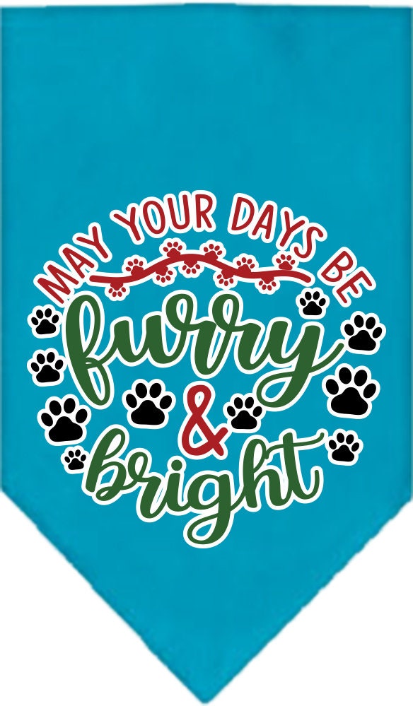 A festive Christmas pet bandana featuring the design 'Furry & Bright', suitable for dogs of various sizes, showcasing a vibrant holiday spirit.