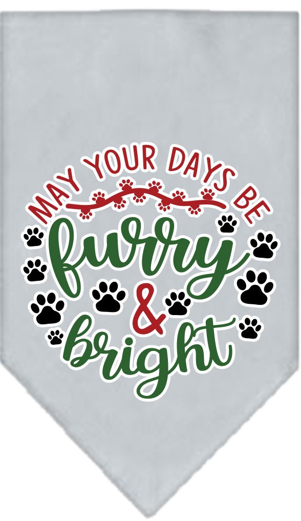 A festive Christmas pet bandana featuring the design 'Furry & Bright', suitable for dogs of various sizes, showcasing a vibrant holiday spirit.