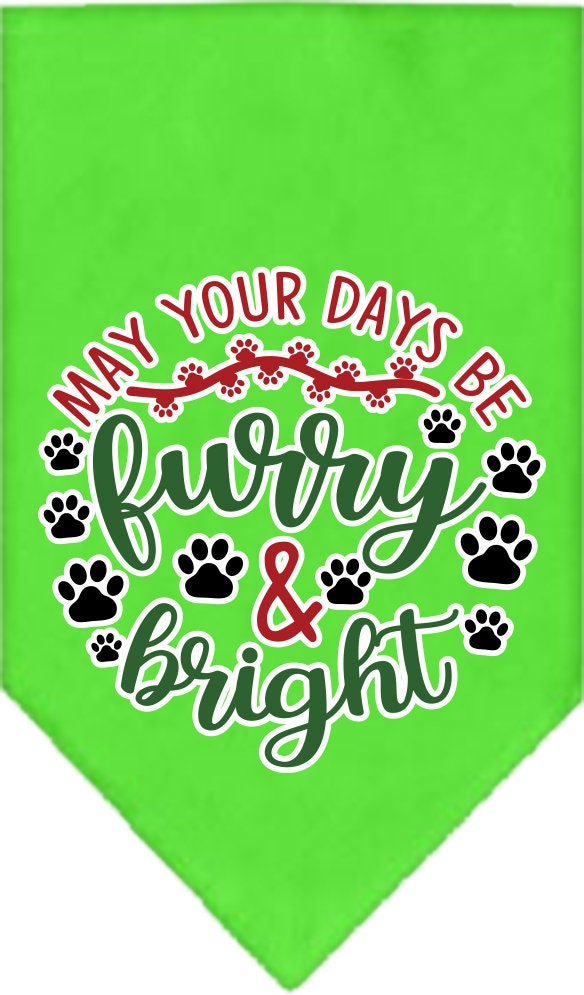 A festive Christmas pet bandana featuring the design 'Furry & Bright', suitable for dogs of various sizes, showcasing a vibrant holiday spirit.