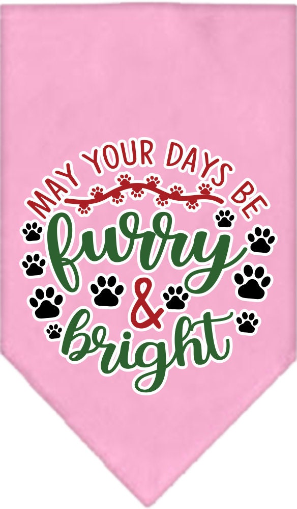 A festive Christmas pet bandana featuring the design 'Furry & Bright', suitable for dogs of various sizes, showcasing a vibrant holiday spirit.