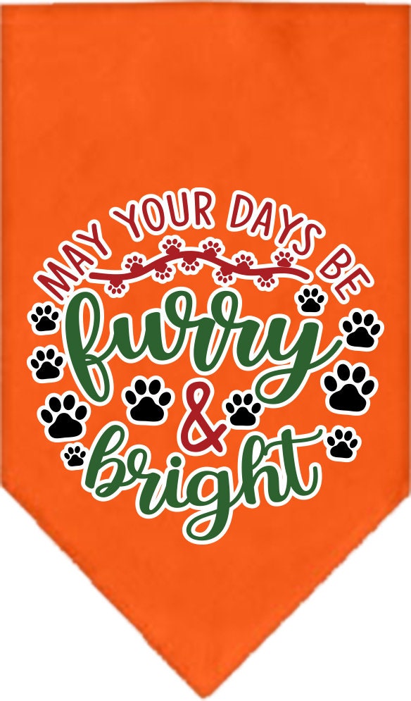 A festive Christmas pet bandana featuring the design 'Furry & Bright', suitable for dogs of various sizes, showcasing a vibrant holiday spirit.