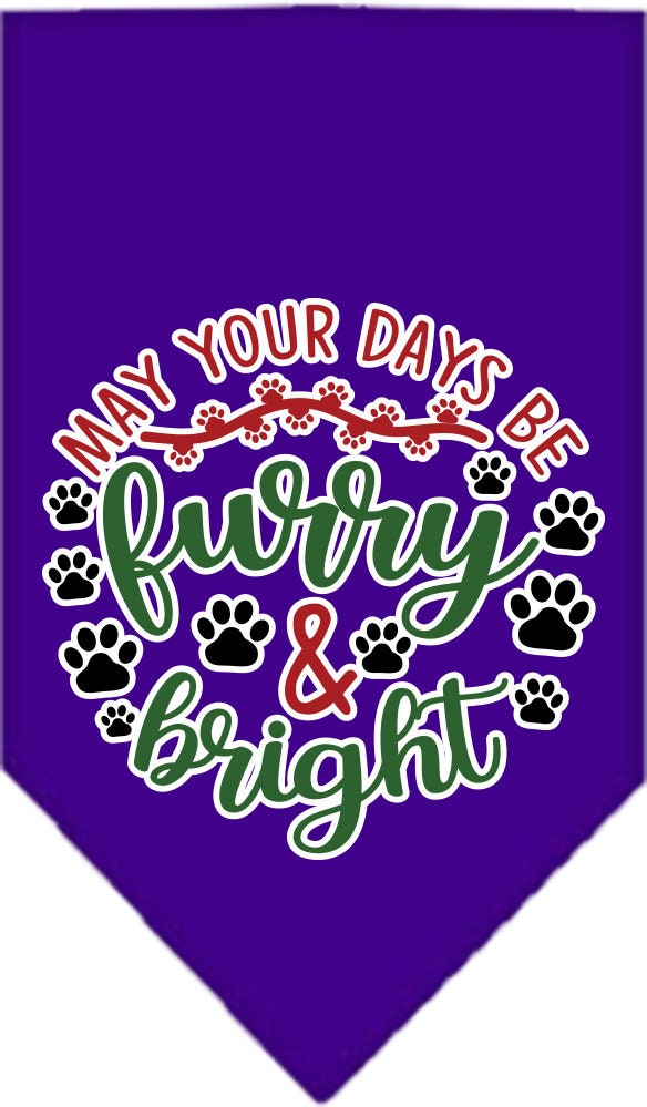 A festive Christmas pet bandana featuring the design 'Furry & Bright', suitable for dogs of various sizes, showcasing a vibrant holiday spirit.
