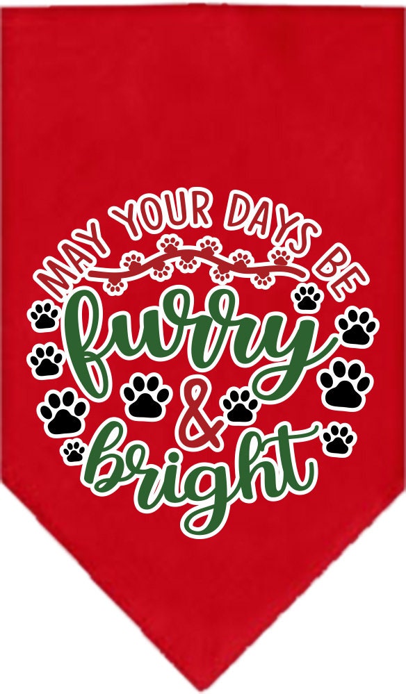 A festive Christmas pet bandana featuring the design 'Furry & Bright', suitable for dogs of various sizes, showcasing a vibrant holiday spirit.