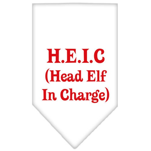 Christmas dog bandana with 'Head Elf In Charge' design, perfect for festive pets, available in small and large sizes.
