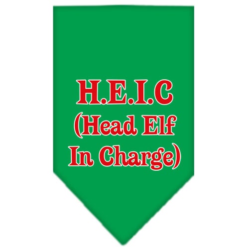 Christmas dog bandana with 'Head Elf In Charge' design, perfect for festive pets, available in small and large sizes.