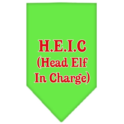 Christmas dog bandana with 'Head Elf In Charge' design, perfect for festive pets, available in small and large sizes.