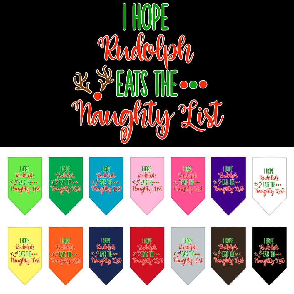 Christmas pet bandana with 'Hope Rudolph Eats The Naughty List' design, perfect for festive dogs.