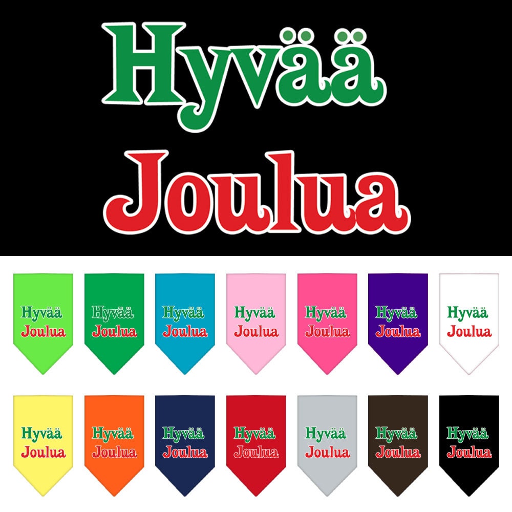 Christmas pet bandana featuring 'Hyvää Joulua' design, perfect for dogs of all sizes.