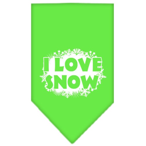 Christmas pet bandana with 'I Love Snow' design, suitable for dogs, available in small and large sizes, tie-on style.