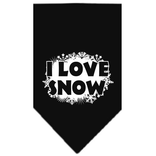 Christmas pet bandana with 'I Love Snow' design, suitable for dogs, available in small and large sizes, tie-on style.
