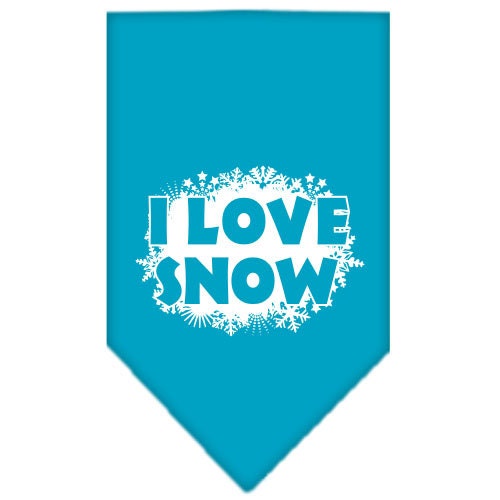 Christmas pet bandana with 'I Love Snow' design, suitable for dogs, available in small and large sizes, tie-on style.