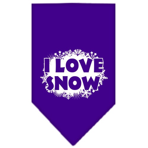 Christmas pet bandana with 'I Love Snow' design, suitable for dogs, available in small and large sizes, tie-on style.