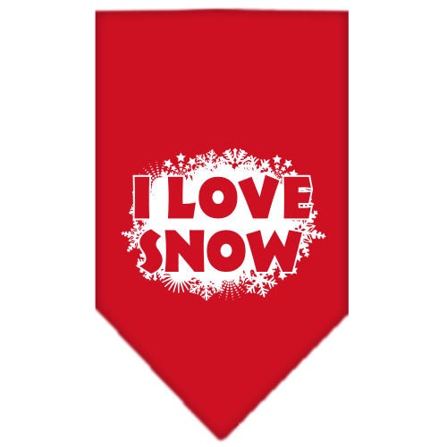 Christmas pet bandana with 'I Love Snow' design, suitable for dogs, available in small and large sizes, tie-on style.
