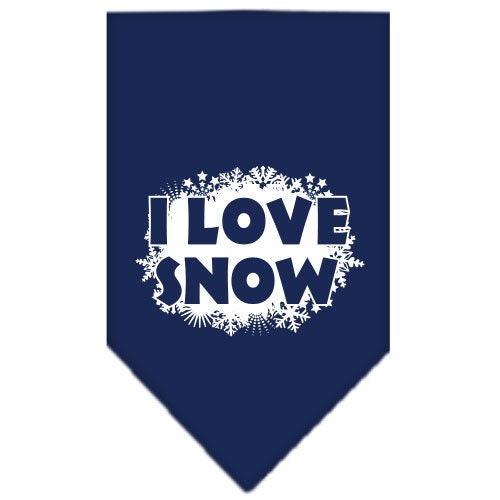 Christmas pet bandana with 'I Love Snow' design, suitable for dogs, available in small and large sizes, tie-on style.