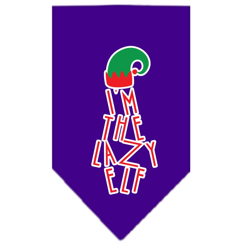 A festive Christmas dog bandana featuring the phrase 'I'm The Lazy Elf', designed for pets to wear during the holiday season.