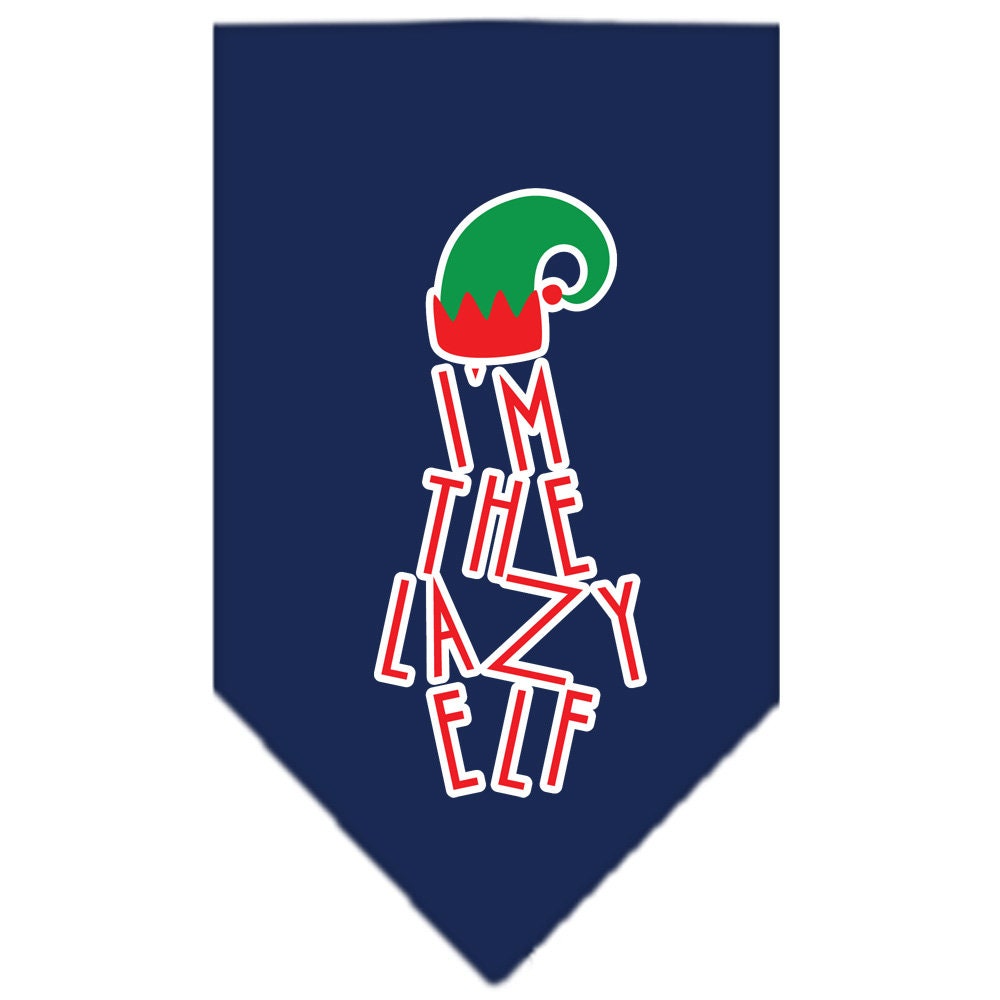 A festive Christmas dog bandana featuring the phrase 'I'm The Lazy Elf', designed for pets to wear during the holiday season.