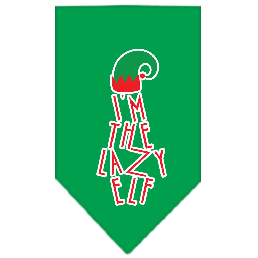 A festive Christmas dog bandana featuring the phrase 'I'm The Lazy Elf', designed for pets to wear during the holiday season.