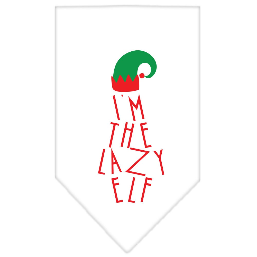 A festive Christmas dog bandana featuring the phrase 'I'm The Lazy Elf', designed for pets to wear during the holiday season.