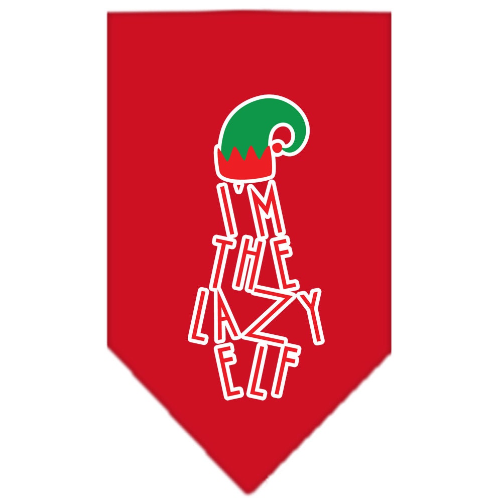 A festive Christmas dog bandana featuring the phrase 'I'm The Lazy Elf', designed for pets to wear during the holiday season.