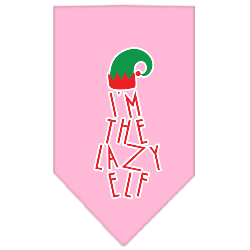 A festive Christmas dog bandana featuring the phrase 'I'm The Lazy Elf', designed for pets to wear during the holiday season.