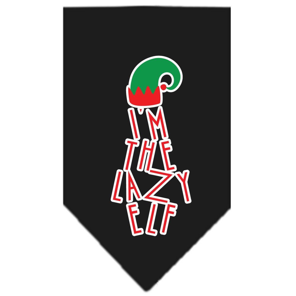 A festive Christmas dog bandana featuring the phrase 'I'm The Lazy Elf', designed for pets to wear during the holiday season.