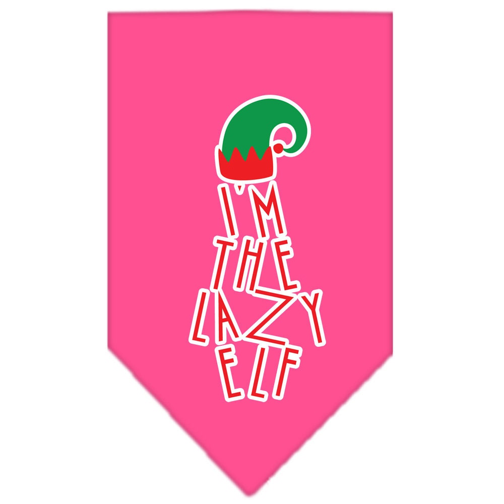 A festive Christmas dog bandana featuring the phrase 'I'm The Lazy Elf', designed for pets to wear during the holiday season.