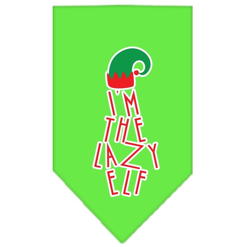 A festive Christmas dog bandana featuring the phrase 'I'm The Lazy Elf', designed for pets to wear during the holiday season.