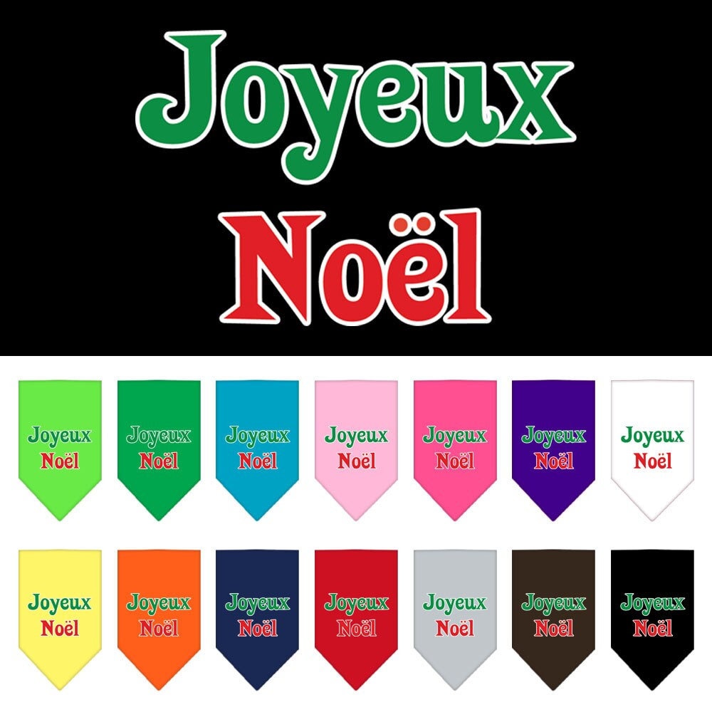 A festive Christmas dog bandana featuring the screen-printed text 'Joyeux Noel', designed for pets to wear during the holiday season.